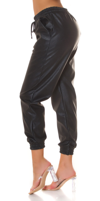 Trendy hoge taille lederlook broek joggingbroekstyle zwart
